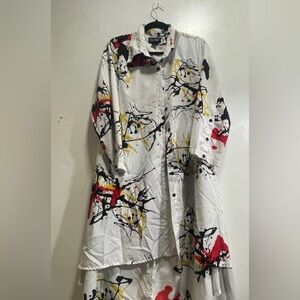 Style & Co. White Abstract Paint-Splash Button Front Blouse